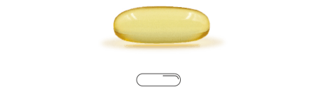 Eine einzelne gelbe ovale Softgel-Pille ist über einem kleinen Pillenumriss abgebildet, um den Maßstab zu verdeutlichen.