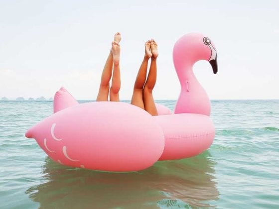 Vier Frauenbeine in einer Flamingoluftmatratze im Meer