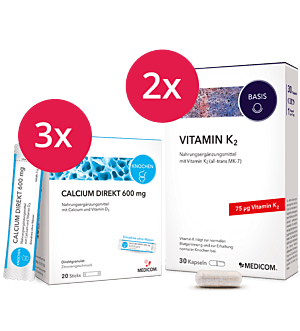 Die Kombination von Medicom zum einmaligen Preis  Calcium Direkt Sticks und Vitamin K2-Kapseln