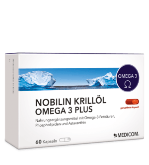 Nobilin Krillöl® Oemga 3 Plus. Produktinformationen kompakt dargstellt auf der Rückseite der Produktpackung: Verzehrempfehlung, Zutaten etc.