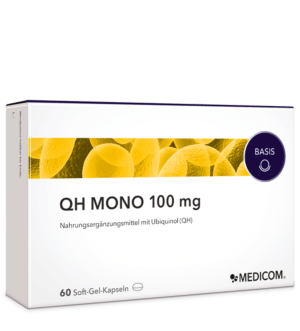 QH Mono 100 mg – hochwertiges QH, Ubiquinol. Die Vorderseite der Produktpackung
