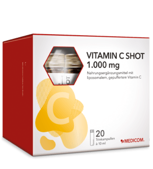 Die Vorderseite der Packung von Vitamin C Shot 1.000 mg