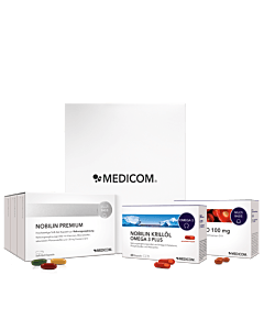 Nobilin Premium von Medicom mit der kompletten Produktkombination und der weißen Box im Hintergrund