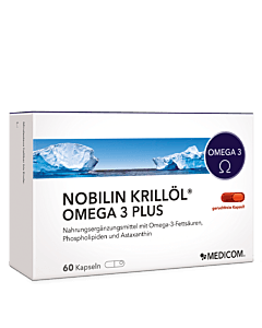 Krillöl –  das bessere Omega 3. Die Vorderseite der Packung von Nobilin Krillöl® Omega 3 Plus