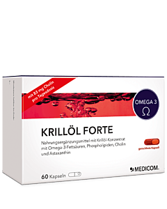 Krillöl Forte Frontseite der Verpackung von Krillöl Forte mit geruchloser Kapsel