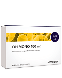 QH Mono 100 mg – hochwertiges QH, Ubiquinol. Die Vorderseite der Produktpackung