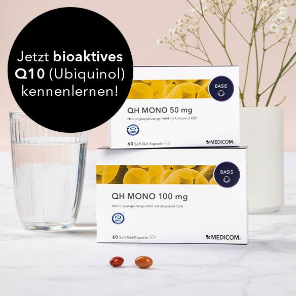 Die Produktpackungen von  QH Mono 100 mg und QH Mono 50 mg von Medicom
