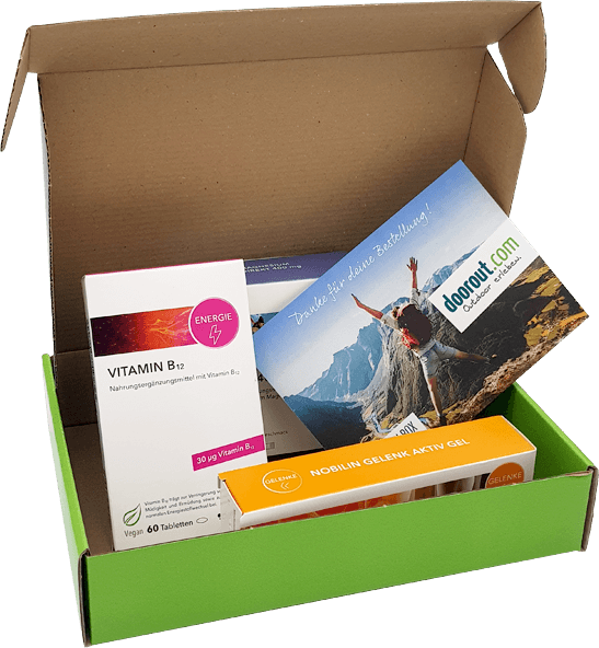 Der Inhalt der Vital-Box von Medicom mit Vitamin B12 und dem Gelenk Aktiv Gel