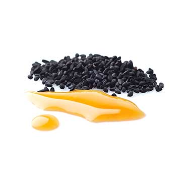 Ein Haufen schwarzer Samen des Schwarzkümmels und Schwarzkümmelöl
